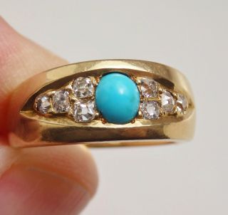 Stunning Antique Victorian 18ct Gold Turquoise & Diamond (0.  30ct) Ring C1869