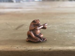Finely Carved Japanese Boxwood Frog Flute Netsuke,  Ojime Bead,  Signed 1 Inch