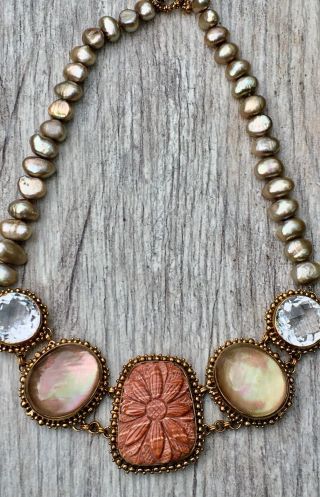 Stephen Dweck Bronze Jasper Rock Crystal Mother Of Pearl And Pearl Necklace 162g