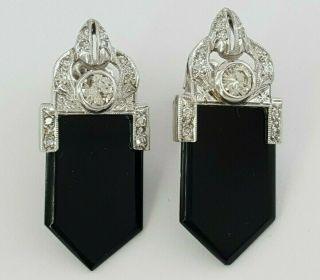 Vintage 0.  85 Ct 14k White Gold Old European Cut Diamond & Black Onyx Earrings