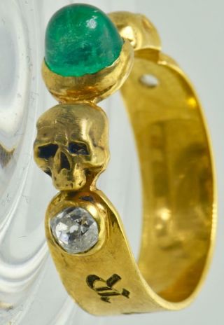 Wow Georgian Memento Mori Skulls 18k Gold,  Diamonds&1.  7ct Colombian Emerald Ring