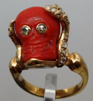 Wow Museum Georgian 22k Gold,  Diamonds&blood Red Coral Memento Mori Skull Ring