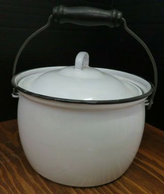 Vintage Lisk Flintstone Porcelain Enamel Ware Wood Handled Chamber Pot W/ Lid Vg