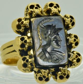 One Of A Kind Victorian Memento Mori Skull 18k Gold&sardonyx Cameo Intaglio Ring