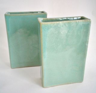 Antique Rectangular Green Ceramic Vases Heavy White Clay Mkd Made In Usa