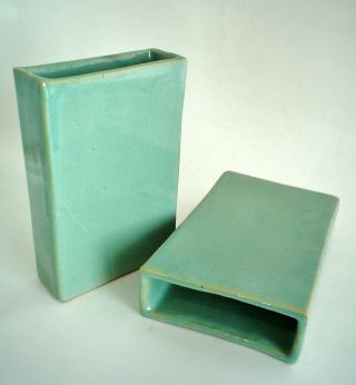 Antique Rectangular Green Ceramic Vases Heavy White Clay mkd Made in USA 2