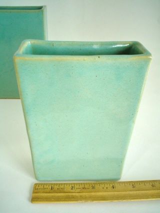 Antique Rectangular Green Ceramic Vases Heavy White Clay mkd Made in USA 4