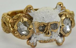 Wow Antique Georgian Memento Mori Skull&bones 18k Gold,  Enamel&diamonds Ring