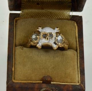 WOW Antique Georgian Memento Mori Skull&Bones 18k Gold,  Enamel&Diamonds ring 2