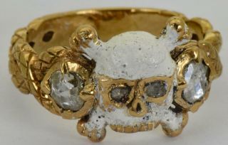 WOW Antique Georgian Memento Mori Skull&Bones 18k Gold,  Enamel&Diamonds ring 5