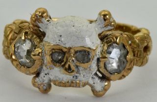 WOW Antique Georgian Memento Mori Skull&Bones 18k Gold,  Enamel&Diamonds ring 6