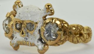 WOW Antique Georgian Memento Mori Skull&Bones 18k Gold,  Enamel&Diamonds ring 8