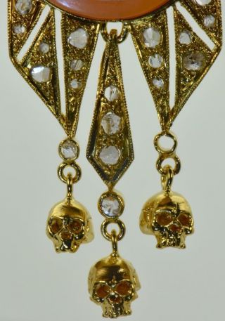 Antique Victorian 18k gold&Diamonds Memento Mori Shell Cameo Skulls Pendant 6