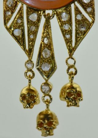 Antique Victorian 18k gold&Diamonds Memento Mori Shell Cameo Skulls Pendant 7