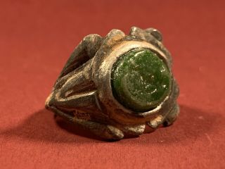 Ancient Roman Silver Ring With Green Intaglio Gem Seal Insert Circa 200 - 300ad