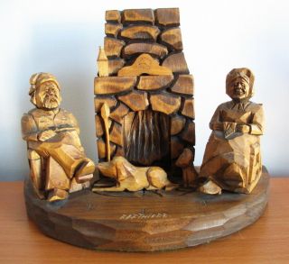 G Fortin Wood Carving Sculpture Man Woman Fireside Signed Label Berthier Quebec