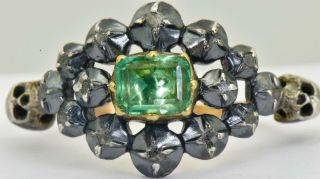 18th C.  Georgian Memento Mori Skulls 18k Gold,  Rose Cut Diamonds&1ct Emerald Ring