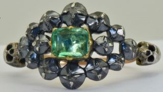 18th C.  Georgian Memento Mori Skulls 18k Gold,  Rose cut Diamonds&1ct Emerald ring 3