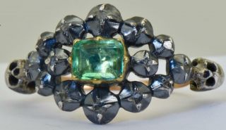 18th C.  Georgian Memento Mori Skulls 18k Gold,  Rose cut Diamonds&1ct Emerald ring 4