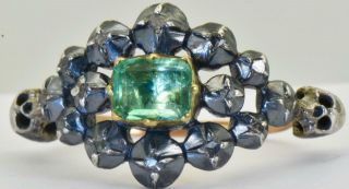 18th C.  Georgian Memento Mori Skulls 18k Gold,  Rose cut Diamonds&1ct Emerald ring 8
