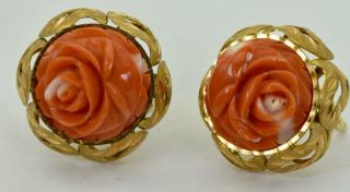 Rare antique Victorian 18k solid gold&hand carved Coral earrings&ring set c1890s 10