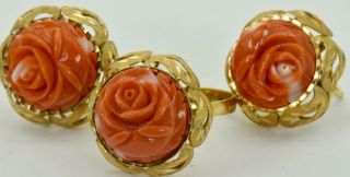 Rare antique Victorian 18k solid gold&hand carved Coral earrings&ring set c1890s 11