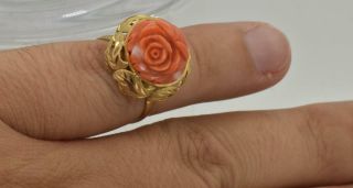 Rare antique Victorian 18k solid gold&hand carved Coral earrings&ring set c1890s 12