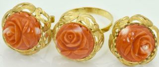 Rare Antique Victorian 18k Solid Gold&hand Carved Coral Earrings&ring Set C1890s
