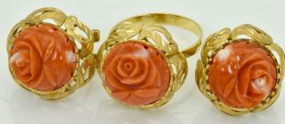 Rare antique Victorian 18k solid gold&hand carved Coral earrings&ring set c1890s 2
