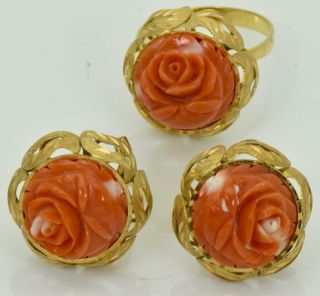 Rare antique Victorian 18k solid gold&hand carved Coral earrings&ring set c1890s 3