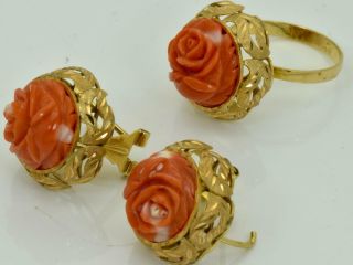 Rare antique Victorian 18k solid gold&hand carved Coral earrings&ring set c1890s 4