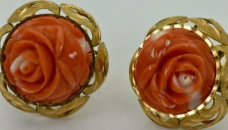 Rare antique Victorian 18k solid gold&hand carved Coral earrings&ring set c1890s 6