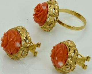 Rare antique Victorian 18k solid gold&hand carved Coral earrings&ring set c1890s 7