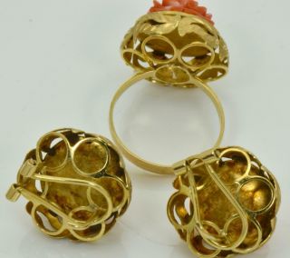 Rare antique Victorian 18k solid gold&hand carved Coral earrings&ring set c1890s 8