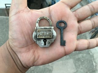 Old Antique Solid Brass Padlock Or Lock With Key Small Miniature Patent