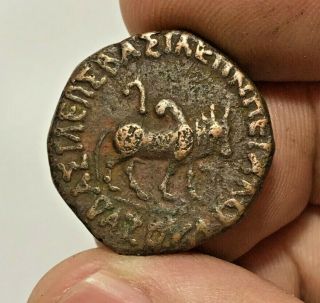 Ancient Indo - Greek Bronze Coin Tetradrachm Kushan Bull / Lion 13.  6gr 26.  1mm