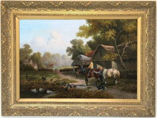 Horses Village Landscape Antique Oil Painting J.  B.  Cook (british,  19th Century)