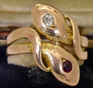 Wow Antique 19th Century Victorian 14k Gold,  Diamond&ruby Two Snakes Ring