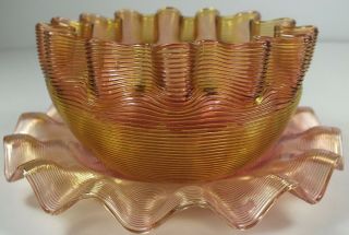 Vintage Amber To Cranberry Threaded Glass Ruffled Edge Finger Bowl W Under Plate