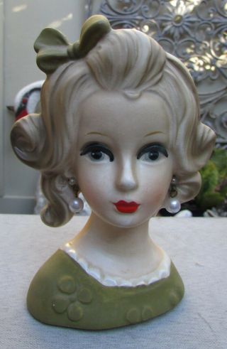 Stunning Vintage Lady Head Vase Olive Green Retro