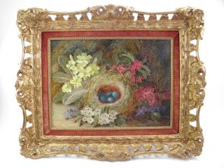 Antique Vincent Clare Oil Painting On Canvas Still Life Flowers Birds Nest Eggs
