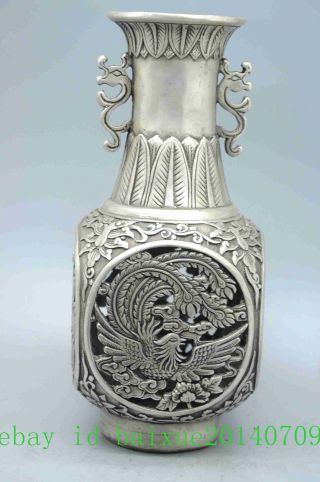 Chinese Old Copper Plating Silver Dragon Phoenix Bird Hollow Out Vase E02