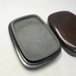F779: Chinese Ink Stone With Very Good Carving Of Mesh Pattern And Karaki Case