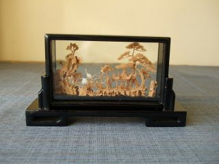 Vintage Chinese Wooden Carved Pagodas In Glass & Lacquer Wood Case