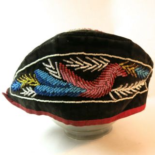Antique Iroquois Beaded Native American Indian Glengarry Hat C19th Bird Animal