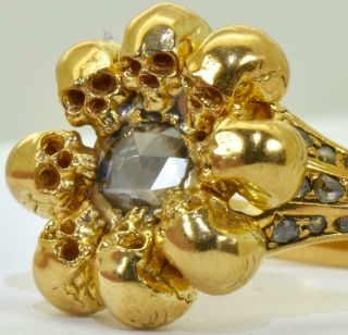 Antique Victorian 18k Gold&1ct Rose Cut Diamonds Memento Mori Skull Ring C1850 