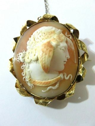 Stunning Antique Gold Mounted Cameo Brooch Pin - Medusa