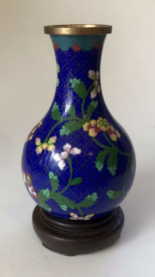 Old Chinese Blue Cloisonne Brass Enamel Vase Floral Design Vintage Marked China
