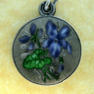 Antique Art Nouveau Austrian Silver Enamel Violets Slider Locket Charm Pendant