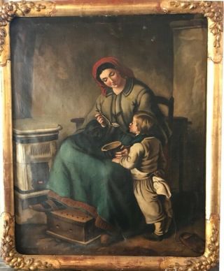 Antique Oil Painting On Canvas With Frame " The Mother With The Son " 1700 - 1800